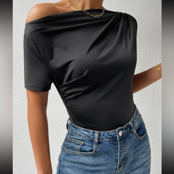 Boho black off shoulder ruched top - Picture 2 of 12